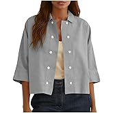 Linen Shirts for Women Soft Comfy Cotton Button Down Spring Tops 2026 3/4 Length Sleeve Womens Shirt Beach Vacation