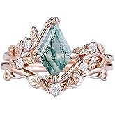 DONGHU 1ct Kite Shape Natural Moss Agate Engagement Ring Set Size 7.5 Sterling Silver Rose Gold Plated Moss Agate Unique Bridal Wedding Ring Set for Women