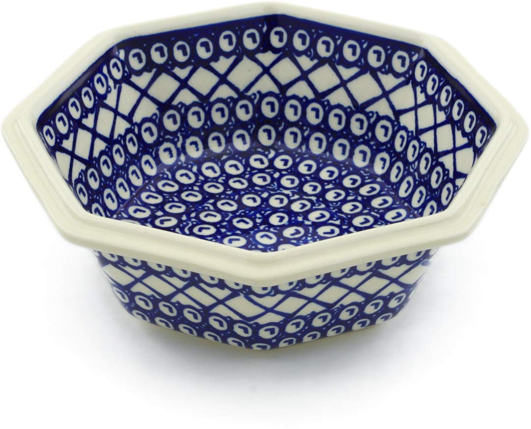 Polish Pottery 7¼-inch Octagonal Bowl (Lattice Peacock Theme) + Certificate of Authenticity