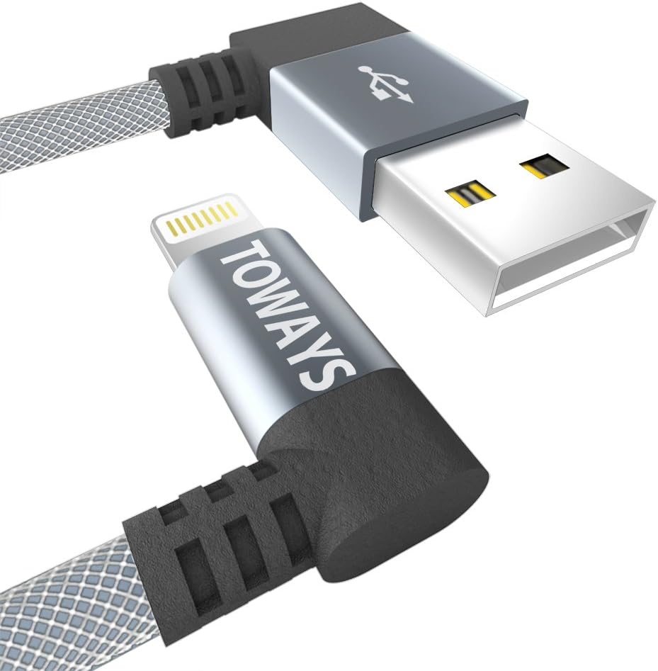 TOWAYS iPhone Lightning Charger Cable 1.2M [Apple MFi Certified] 90 Degree Double Braided Nylon Fast Cable for iPhone XS/XS Max/XR/X/8/7/7 Plus/6s Plus/6 Plus/iPad - 1.2M Gray