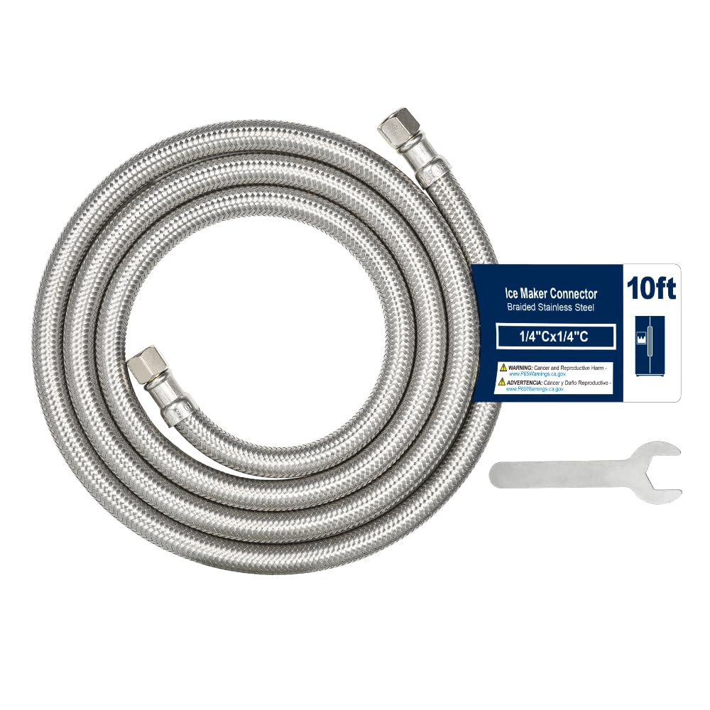 Photo 1 of 10ft Ice Maker Water Line Stainless Steel Braided – Flexible Refrigerator Water Supply Tube with 1/4" Quick Connect Fitting, Universal Fit