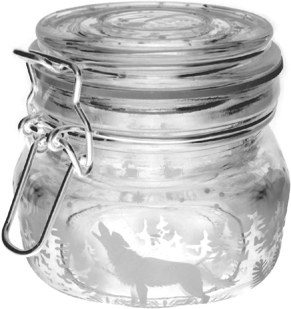 IncisoArt Hand Etched Glass Jar Airtight Canister Sandblasted (Sand Carved) Handmade Engraved Locking Wire Clamp Lid (Wolf Forest Mountain, 16 Ounce)