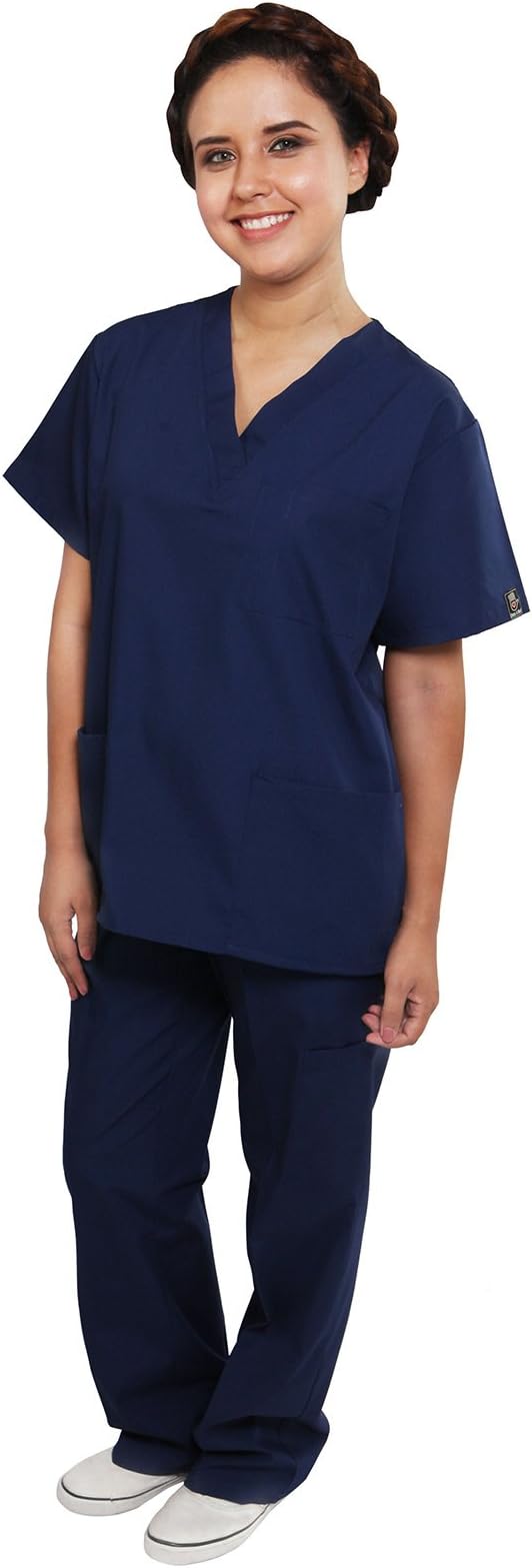 Dress A Med Classic 7 Pocket Basic V-Neck Uniform Scrubs 2 Piece Set Top & Pants