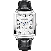 Lancardo Retro Vintage Men Square Quartz Analog Watch Silver Tone Case Black Leather Strap Business Casual Dress Wrist Watch