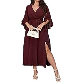 Womens Plus Size Dress Wedding Guest Cocktail Ruffle Half Sleeve Wrap V Neck Slit A Line Maxi Dresses with Belt