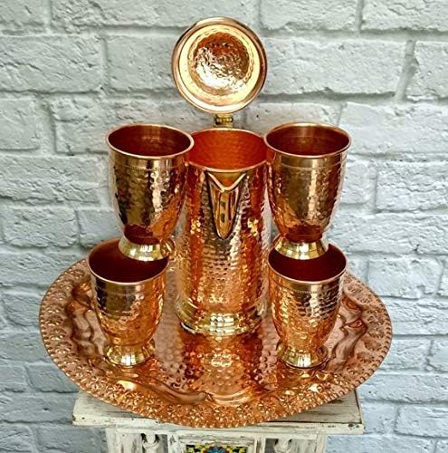 Craft-View Beautiful Jug Set With 4 Copper Glasses 1 Tray Decor Kitchen & Served Guest Hotel and Home Use CV-05 (4)