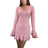 Puhrissimus Women's Cocktail Bodycon Sexy Plunge Ruffle Hem Mini Dress Long Flare Bell Sleeve Cocktail Club Party Short Dress
