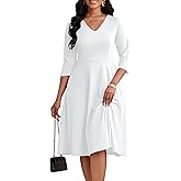 CLOCOR Casual Dresses for Women Semi Formal Fit and Flare Dress A-Line V-Neck 3/4 Sleeve Church Dresses with Pockets