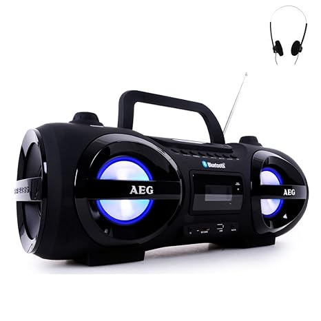 AEG Stereoanlage Soundbox Ghettoblaster Boombox CD MP3 Bluetooth UKW schwarz + Kopfhörer