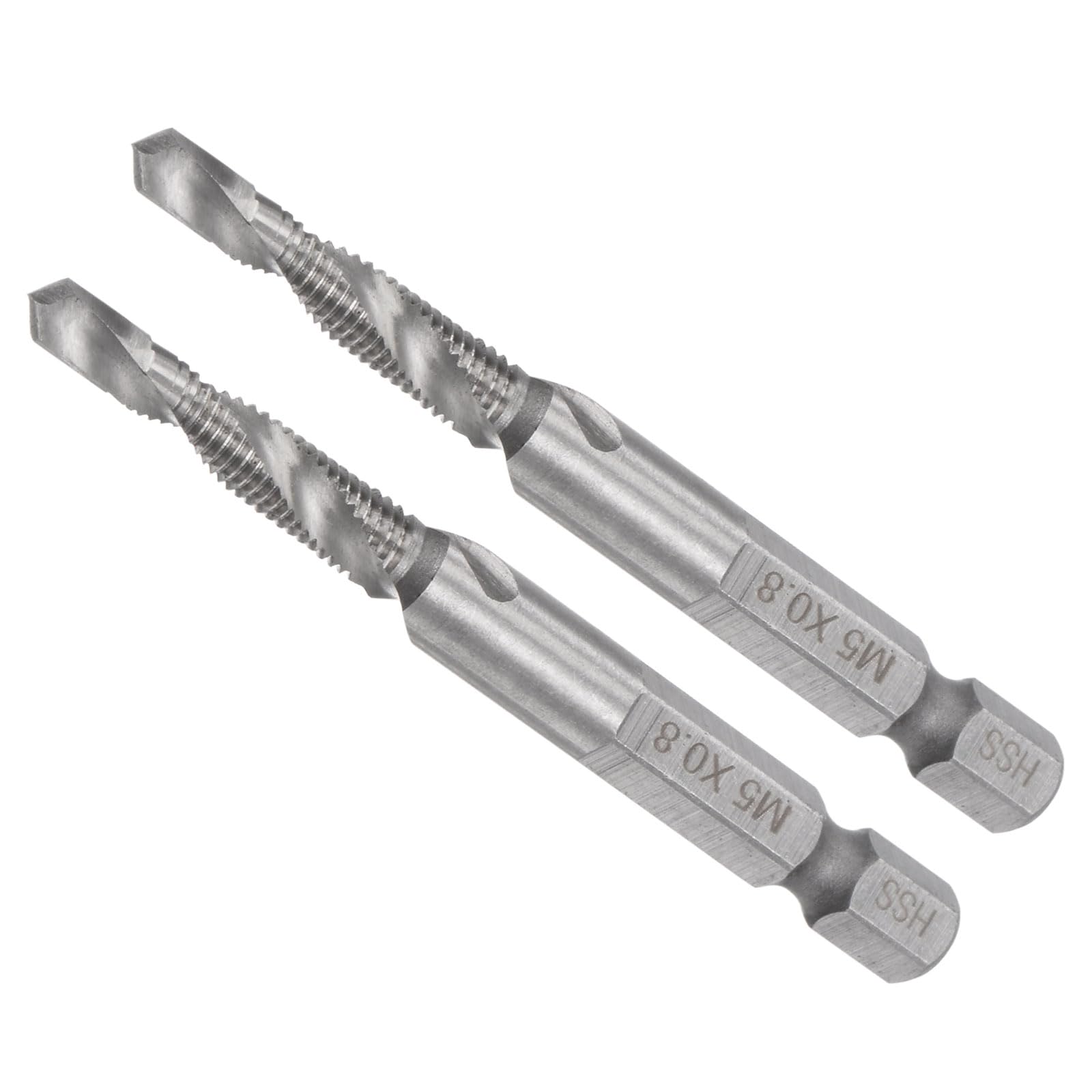 CoCud Combination Drill Tap Bit, M5 x 0.8 Thread Size 1/4" Hex Shank, 4341 Uncoated High Speed Steel Long Tools - (Applications: for Aluminum Stainless Steel Plastic Long), 2-Pieces