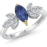 Gem Stone King 925 Silver and 10K Yellow Gold Blue Sapphire and Lab Grown Diamond Engagement Ring | 1.05 Cttw | Marquise 8X4MM and 4X2MM | Wedding Anniversary Promise Ring For Women | Size 5,6,7,8,9