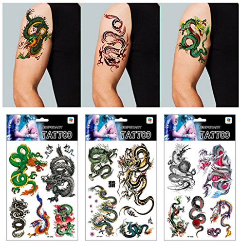Assorted 9 Sheets Temporary Dragon Tattoos Chinese Character Waterproof Stickers for Kids Men Party Favors
