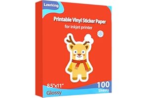 Lzerking Printable Vinyl Glossy Sticker Paper for Inkjet Printer 100 Sheets White Waterproof Self-Adhesive Sheets 8.5x11 Inches