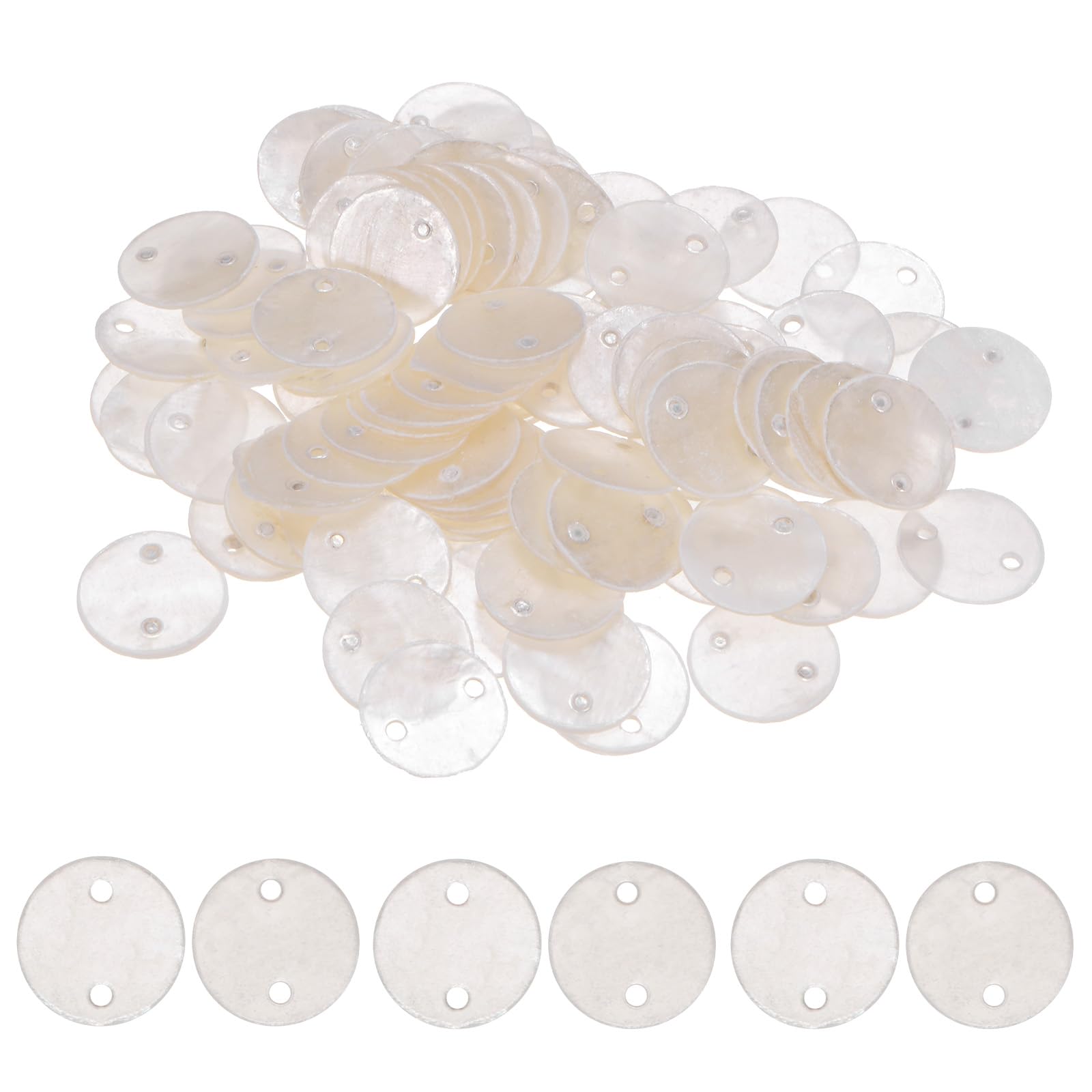 M METERXITY 100-Pack Round Shells Pieces, 15mm Flat Round Natural Shell Charm with Hole, Discs Sea Shells Coin Bead Connector for Wind Chimes/DIY Craft Hanging [White]