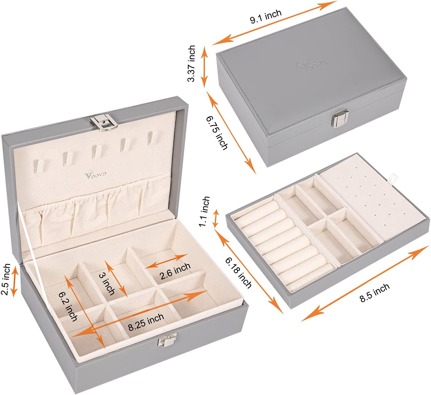 Voova Jewelry Box Organizer for Women Girls, 2 Layer Large Men Jewelry Storage Case, PU Leather Display Jewel Holder with Removable Tray for Necklace Earrings Rings Bracelets, Vintage Gift, Grey: Home & Kitchen