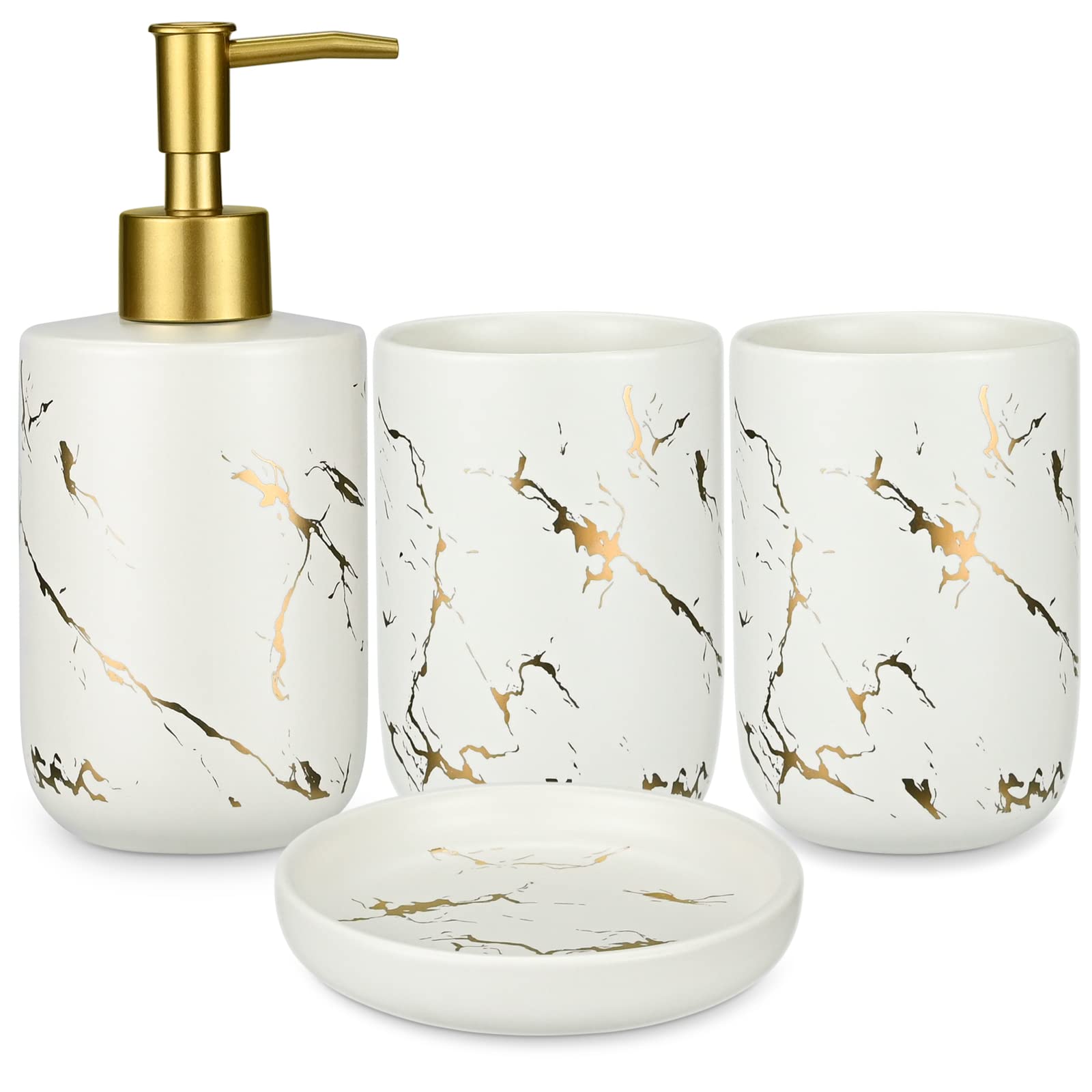 JTOOYS Bathroom Accessories Set, 4 Pcs Ceramic Bath Accessory Set Luxury Marble 2Pcs Toothbrush Holder/Tumbler + Liquid Soap or Lotion Dispenser Dish (White), White - 4pcs (JTOO-3309)