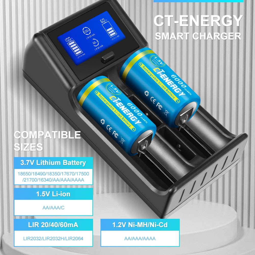 Lithium C Batteries Rechargeable 1.5V with C Flashlight Battery Charger 2 Pack