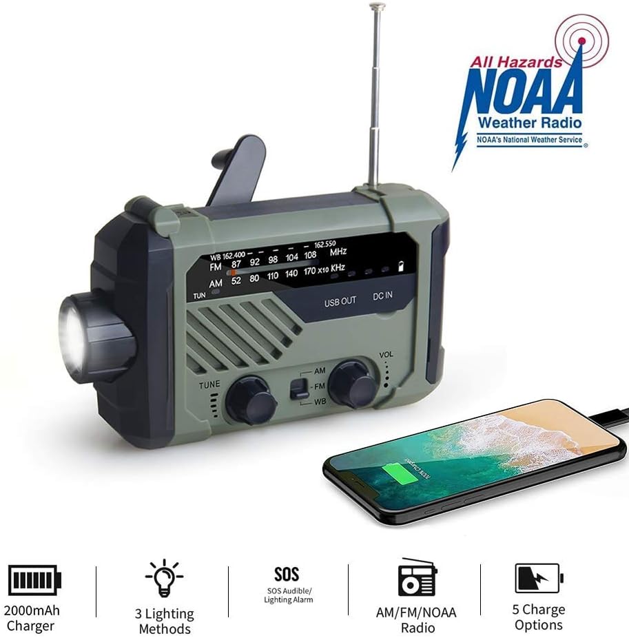 YIFENG Emergency Solar Hand Crank Portable Radio, NOAA Weather Radio for Household and Outdoor Emergency with AM/FM,Reading Lamp,LED Flashlight, USB Charger 2000mAh Power Bank and SOS Alarm: Home Audio & Theater