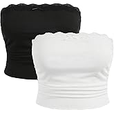 Floerns Women's 2 Pcs Plus Size Solid Strapless Lace Ruched Front Crop Tube Top