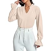 LYANER Women's Ruffle V Neck Solid Long Sleeve Chiffon Blouse Shirt Top