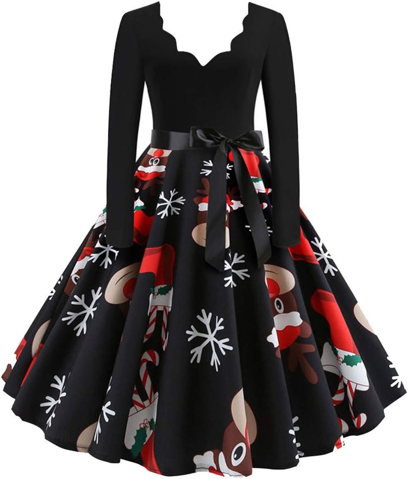 Xmiral Christmas Dress Women Long Sleeve Printed A-Line Swing Dresses with Belt