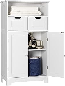 HOMECHO Bathroom Floor Cabinet, Large Bathroom Storage Cabinet with Doors and Shelves, 2 Adjustable Drawers, Wood Freestanding Cupboard for Living Room, Entryway, Kitchen, Ivory White