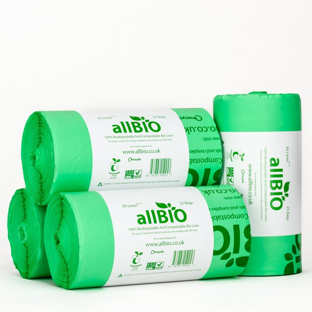 allBIO 50L Compostable Kitchen & Kerbside Bin Bags – Pack of 100