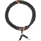 108 Obsidian Dragon Beads - Healing Crystal Bracelet/Necklace, Adjustable Elastic Black Buddhist Bead Necklace, Ethnic Style Prayer Beads, Suitable for Meditation, Spiritual Jewelry and Mindfulness, Praying for Good Luck