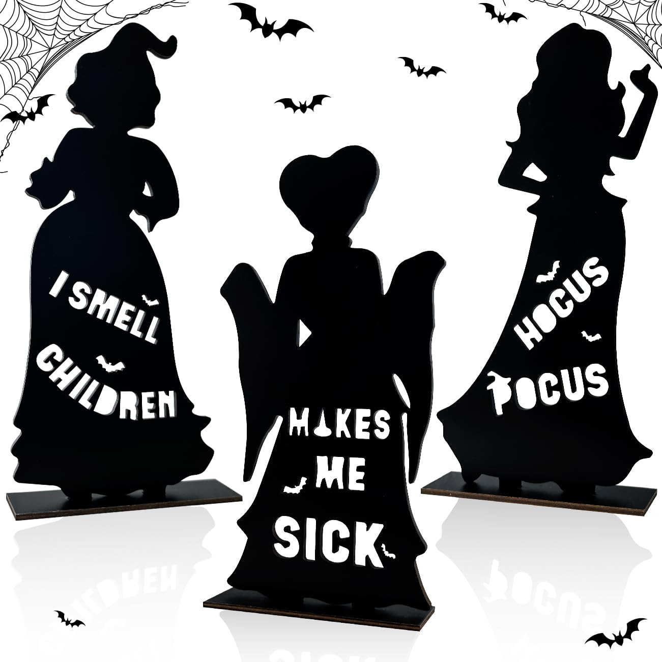 Photo 1 of 3Pcs Hocus Pocus Wooden Table Centerpieces, Hocus Pocus Halloween Decoration Silhouette Witch Signs Decor, I Smell Children &Makes Me Sick Halloween Wooden Signs