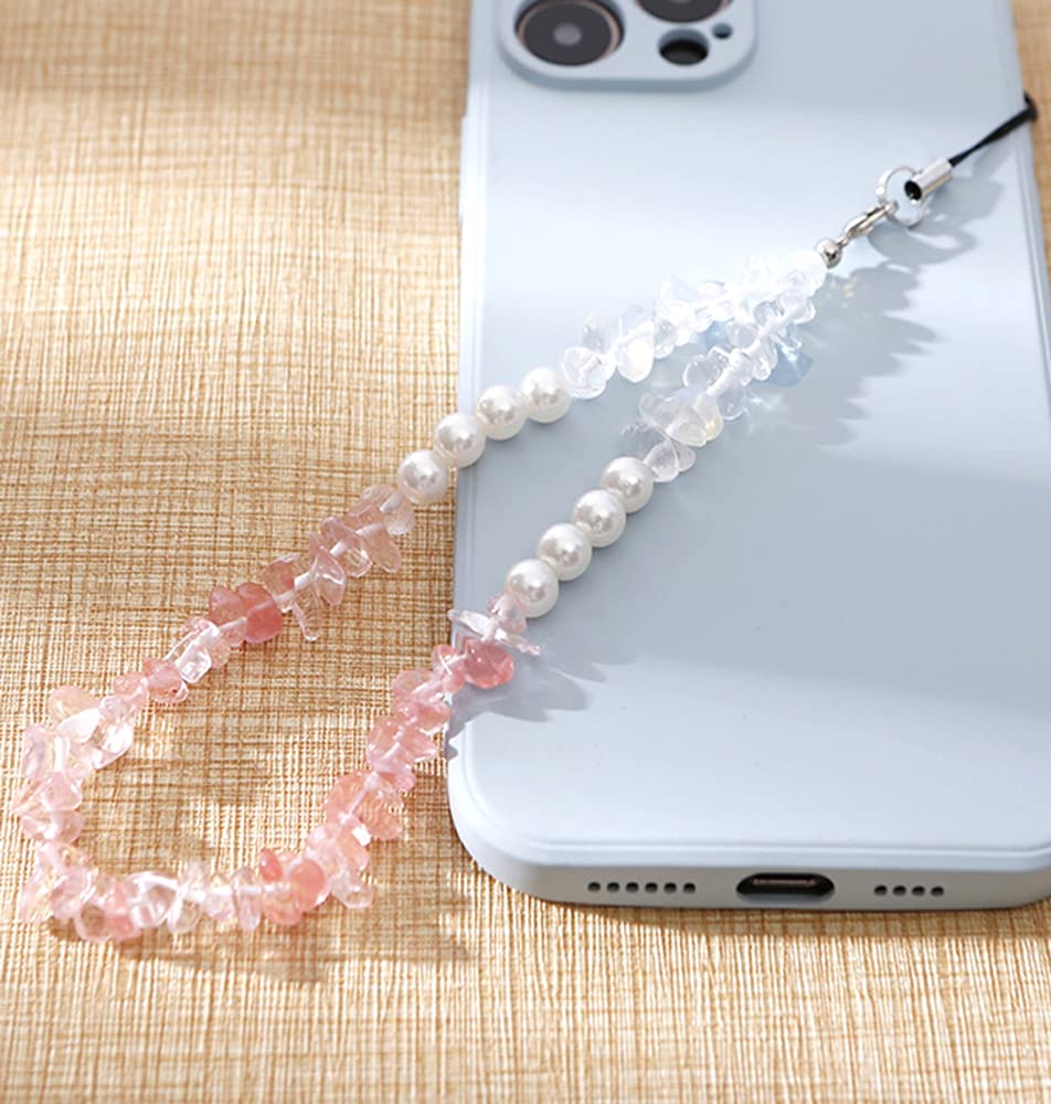 Colourful Natural Crystal Stone Gravel Pearl Mobile Phone Chain,Universal Mobile Phone Hand Strap Mobile Phone Charm Wrist Mobile Phone Lanyard Beads Chain Key Bags Mobile Phone Pendant,Red