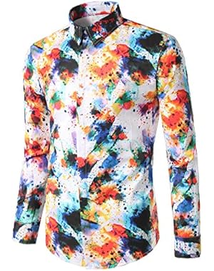 Mens Geek Design Printed Slim Fit Long Sleeve Button Down Dress Shirt Tops