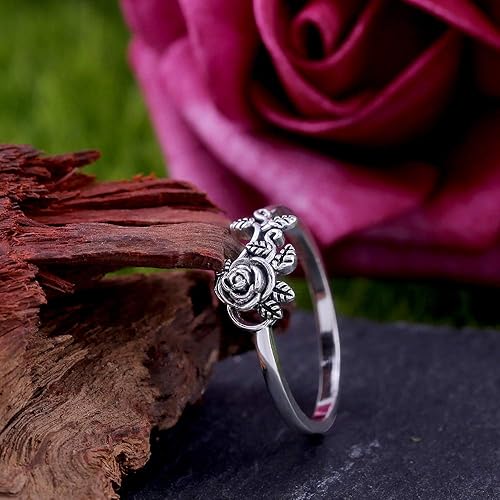 JESMING Tiny Rose Flower Silver Ring, Stacking Rings for Women
