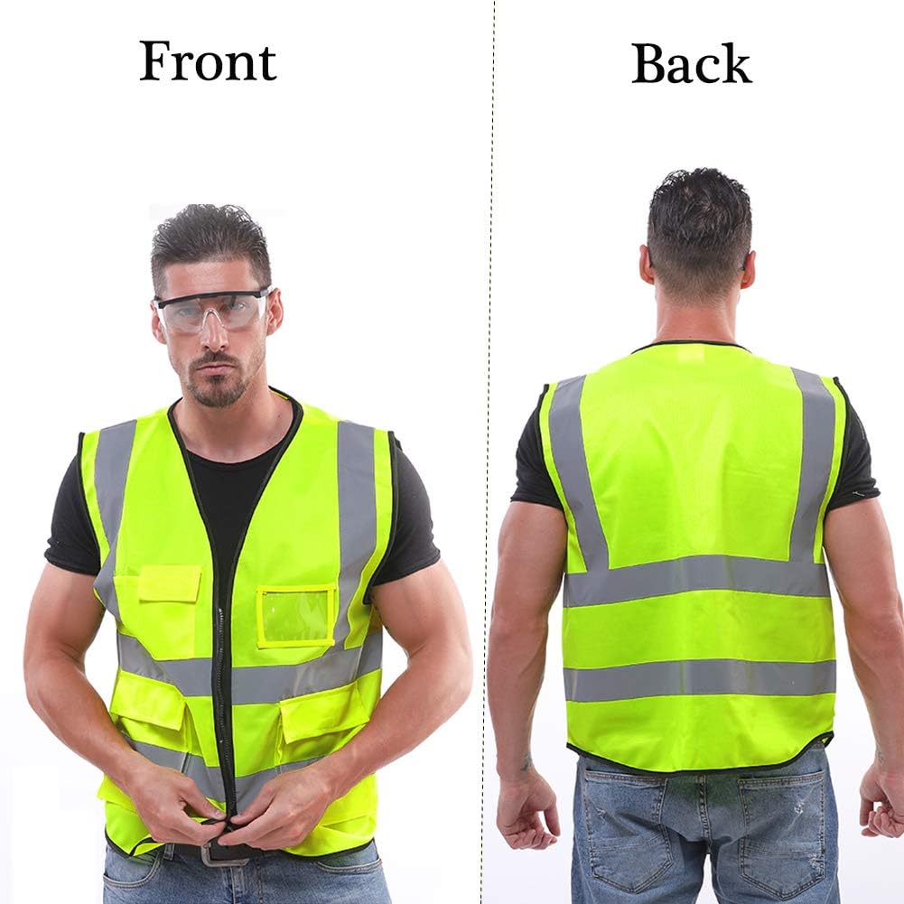 HYCOPROT High Visibility Reflective Safety Vest with Pockets and Zipper Front, Neon Yellow, Meets ANSI/ISEA Standards: Clothing