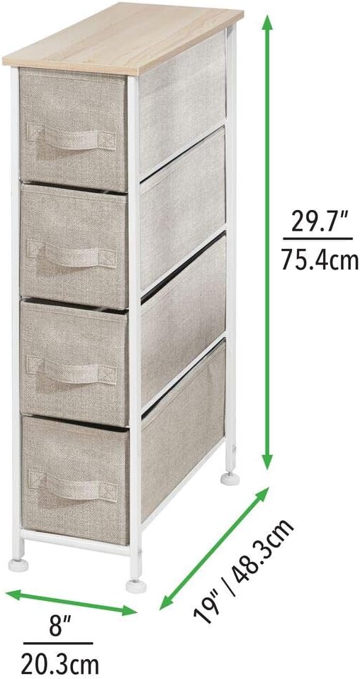 mDesign Narrow Vertical Dresser Storage Tower - Sturdy Frame, Wood Top, Easy Pull Fabric Bins - Organizer Unit for Bedroom, Hallway, Entryway, Closets - Textured Print, 4 Drawers - Light Tan/White -