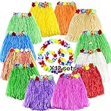 LoveS Pack of 12 Assorted Colors Hula Grass Skirts with Flower Leis Costume Set, Luau Grass and Hawaiian Flower Bracelets, Headband, Necklace