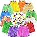 LoveS Pack of 12 Assorted Color Hula Grass Skirt with Flower Leis Costume Set, Luau Grass and Hawaiian Flower Bracelets, Headband, Necklace