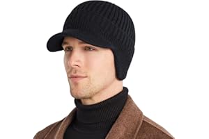 AkiiGer Men's Winter Hat with Brim, Warm Earflaps Hat for Men, Thick Fleece Lined Knit Winter Beanie Outdoor