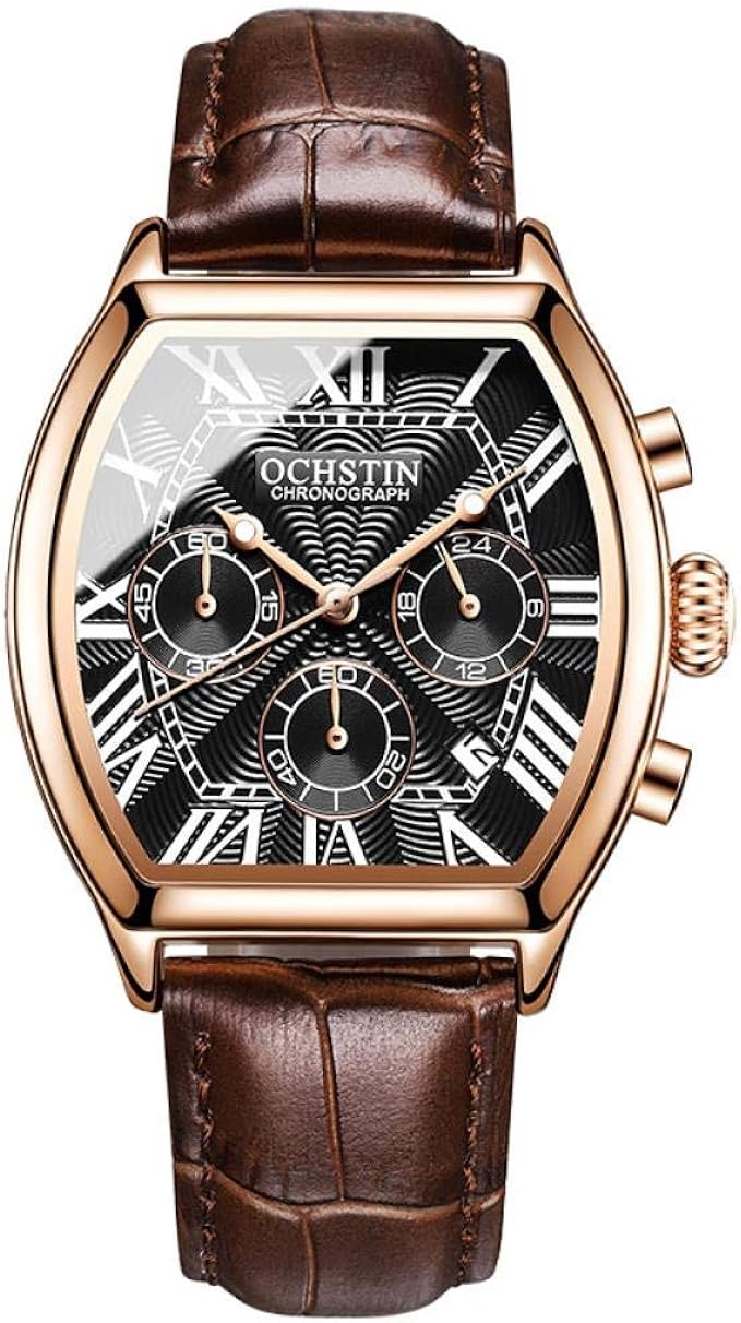 Men's Watches,Multifunctional Wine Barrel Type Leather Waterproof Business Casual Quartz Watch