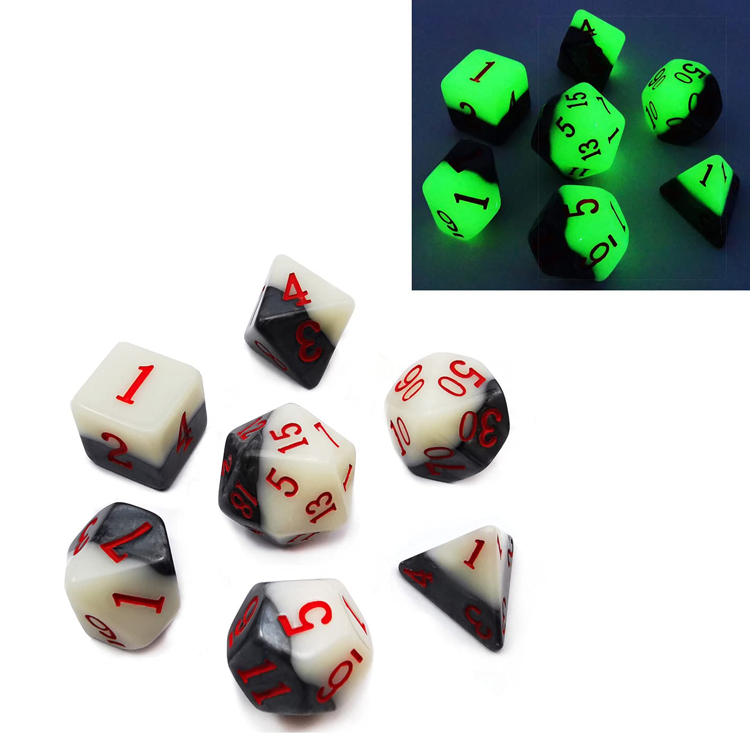 Bescon Two-tone Glowing Polyhedral Dice 7pcs Set Green Dawn, Luminous RPG Dice Set d4 d6 d8 d10 d12 d20 d%, Brick Box Packaging