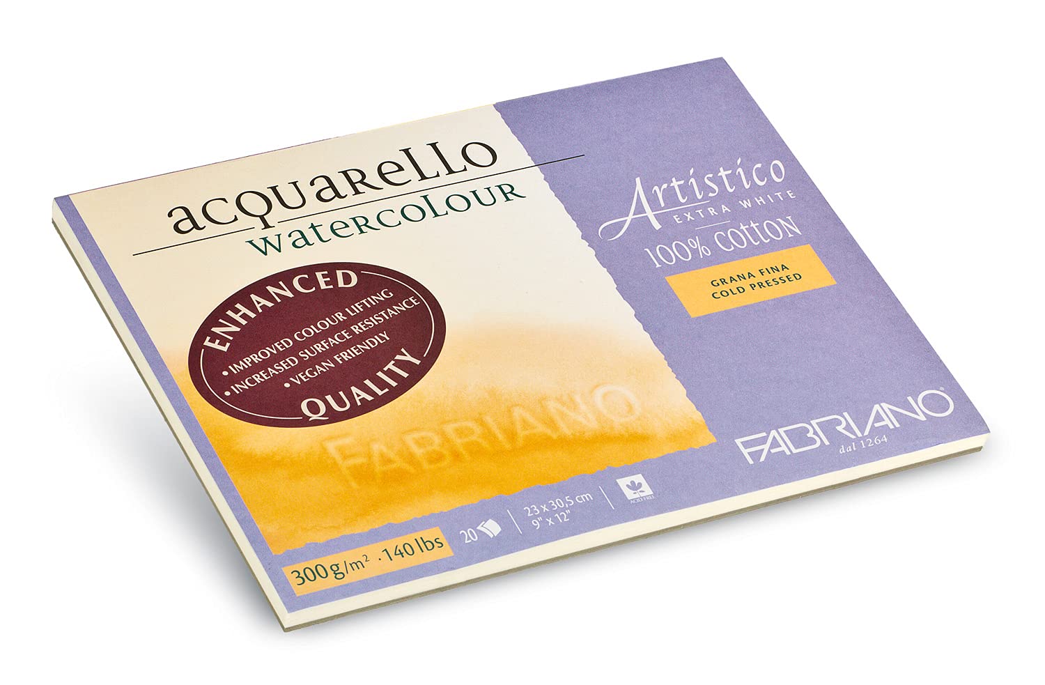 Fabriano Artistico Acquarello Watercolour, Extra White, fine Grain Cold Pressed, 23 x 30.5 cm, 20 Sheets 300 g/m², high-Quality Artist Watercolour Cardboard, pad glued on 4 Sides, Vegan