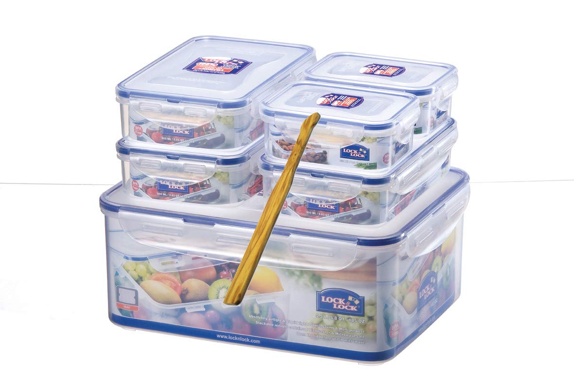 LocknLock 6pce container set - Rectangular 5.5lt with Freshness Tray/3 x 800ml/2 x 350ml