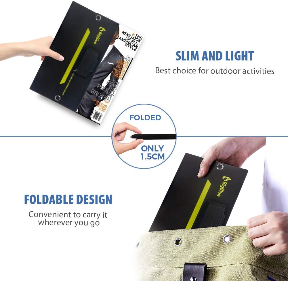Slim Solar Phone Charger BigBlue 24W Portable Solar Charger with 3 USB Ports(5V/4A Max Total) for Camping, Foldable SunPower Solar Panel for iPhone 11/Xs/X/8/7, iPad, Samsung Galaxy, Google Pixel etc.: Home Audio & Theater