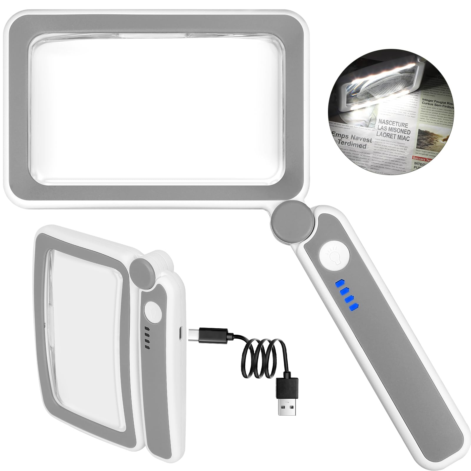 Rechargeable 5X Magnifying Glass for Reading, Handheld Page Magnifying Glass with Light for Low Vision Seniors, Lightweight LED Magnifier for Reading Books, Newspaper, Small Print