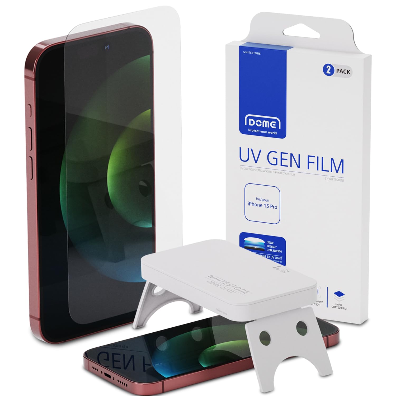 DOME GLASS Whitestone UV GEN Film Screen Protector for iPhone 15 Pro [2pack] Hard Coated Film Screen Protector with UV light for iPhone 15 Pro