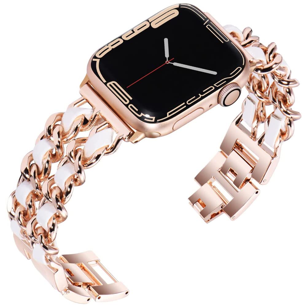 Niboow Strap for Apple Watch 38mm 40mm 41mm 42mm Series 11/10/9/8/7/6/5/4/3/2/1, Metal Leather Watch Bands for Apple iWatch SE 3/SE 2 - Rose Gold/White