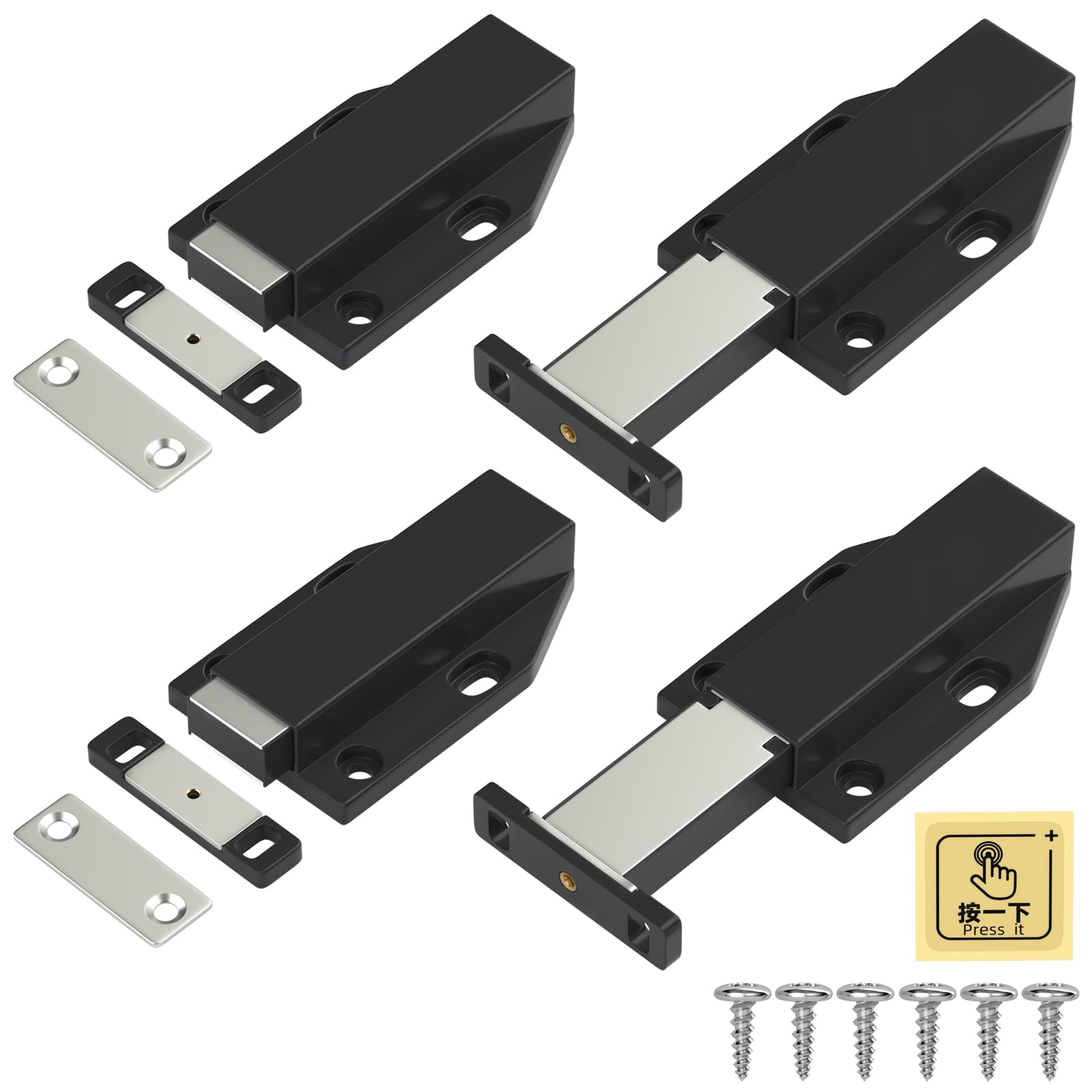 Push to Open Door Catches Jiayi Cabinet Magnetic Push Door Catches Cupboard Push Latch Release Door Magnet Kitchen Drawer Closer Push Opener for RV Door Damper Large Wardrobe Closure (4 Pack, Black)