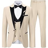 Mens Suit Slim Fit 3 Piece Suit Blazer Vest Pants Sets with Bow Tie Handkercher Brooch for Men for Wedding Prom Party