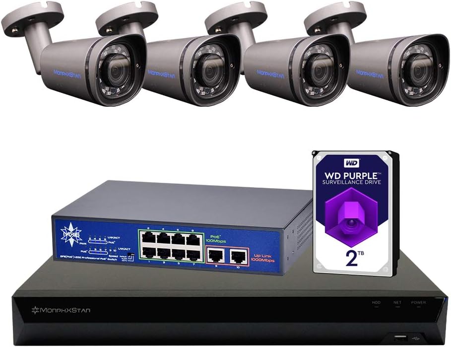 MorphXStar 8CH 4K NVR Network IP Security Camera System - 4 x HD 2160P 6.0 Megapixel 2.8~8mm Varifocal Zoom 100ft IR PoE IP Bullet Camera + 2TB Hard Drive + 8 Ports PoE Switch