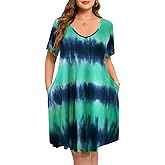 ZENNILO Women's Plus Size Swing Dress with Pockets Casual Summer Dresses V Neck Short Sleeve T Shirt Dress for Women