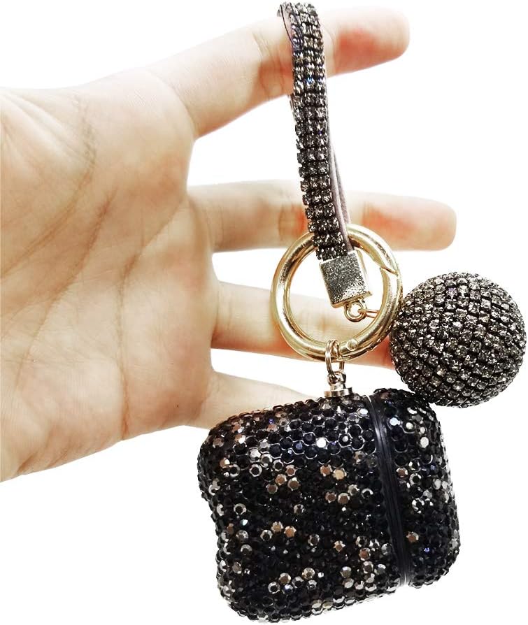 AirPods Case Cover for Woman,Girls Personality Creative Rhinestones Airpods Protective Cover with ball keychain Compatible with Apple Airpods 2&1 (Black)